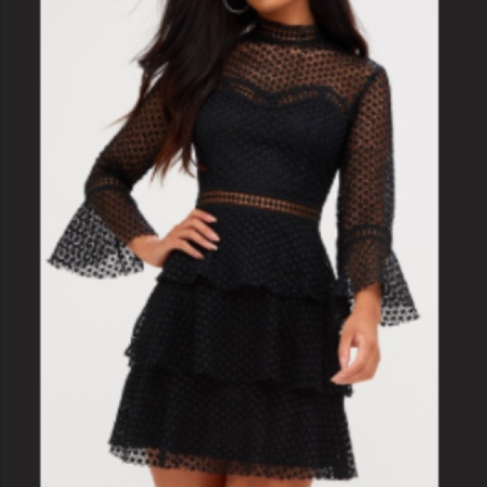 Black Bell Sleeved Tiered Mini Dress